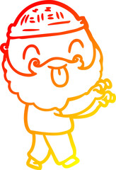 warm gradient line drawing man with beard sticking out tongue