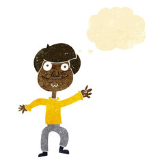 cartoon happy man waving with thought bubble