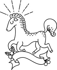 banner with black line work tattoo style prancing stallion