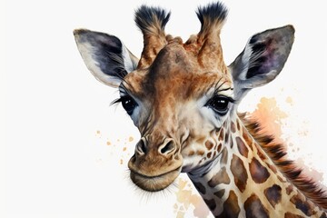 A portrait of a baby giraffe done in watercolor on a white background. Generative AI