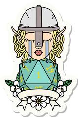 crying elf fighter character face with natural one D20 roll sticker