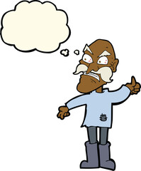cartoon angry old man in patched clothing with thought bubble