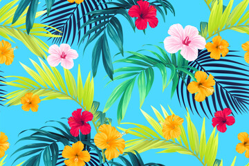 Tropical pattern with green palm leaves and hibiscus flowers. Summer bright blue vector background or textile illustration. - obrazy, fototapety, plakaty