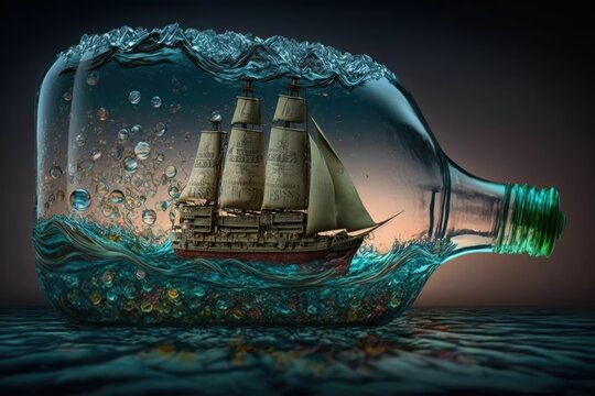 Bottleship floating on water. Generative AI.