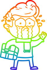rainbow gradient line drawing cartoon crying man with present