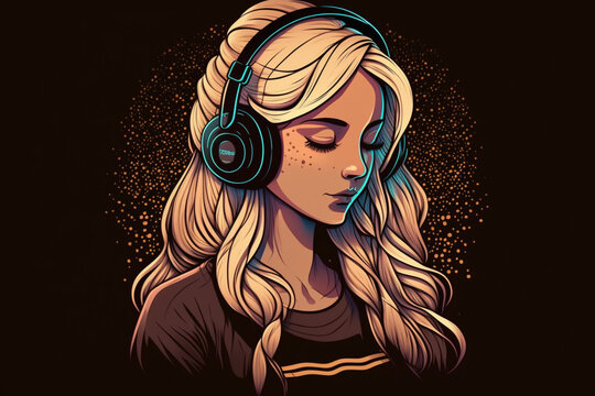 Lofi style. Blond beautiful girl with headphones listening music on black background. Anime, cartoon, manga. Chill atmosphere, positive vibes. Generative AI