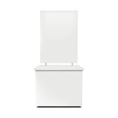 Promotional table with blank banner board on white background vector mockup. Advertising stand realistic mock-up. Template for design