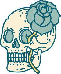 tattoo style icon of a skull and rose