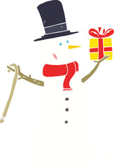 flat color illustration of a cartoon snowman holding present