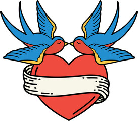 traditional tattoo of a swallows and a heart with banner