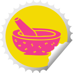 quirky circular peeling sticker cartoon pestle and mortar