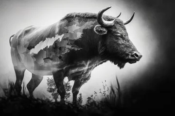 Foto op Plexiglas aurochs in a low key black and white portrait. Double exposure effect. Generative AI © AkuAku