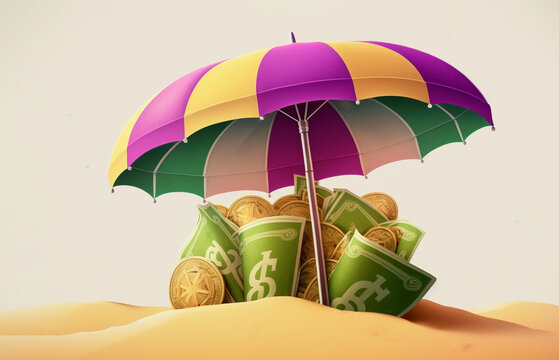 Money falling under beach umbrella, Expanses for summer rest and vacations concept. Travel budget planning, savings, insurance concept AI generated