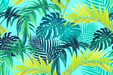 Tropical pattern with green palm leaves. Summer vector background or textile illustration.