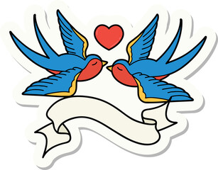 tattoo sticker with banner of a swallows and a heart