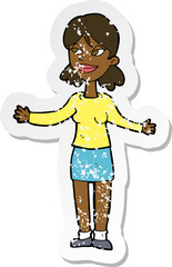 retro distressed sticker of a cartoon happy woman shrugging shoulders