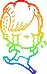 rainbow gradient line drawing cartoon crying girl wearing space clothes