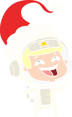 flat color illustration of a laughing astronaut wearing santa hat