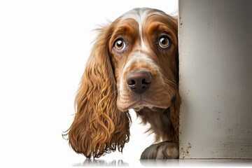 Cute, curious Cocker Spaniel dog looking out of a corner, isolated on a white background. Smiling doggie. The idea of movement, how pets love to move, and how animals live. Looks happy. Space for an a