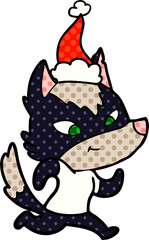 friendly comic book style illustration of a wolf wearing santa hat