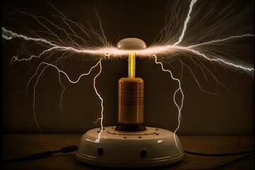 Tesla coil electrostatic discharge experiment on a table on dark background - obrazy, fototapety, plakaty