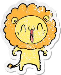 distressed sticker of a happy cartoon lion