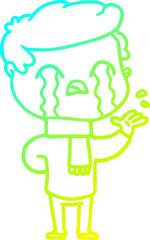 cold gradient line drawing cartoon man crying wearing winter scarf
