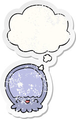 cartoon jellyfish and thought bubble as a distressed worn sticker