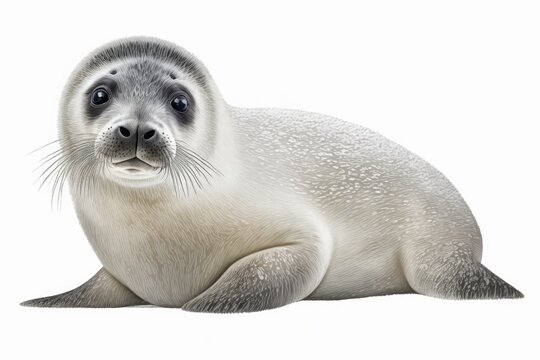 Realistic drawing of a harp seal (Pagophilus groenlandicus) for the Encyclopedia of Animals of the Arctic, image on a white background. Generative AI