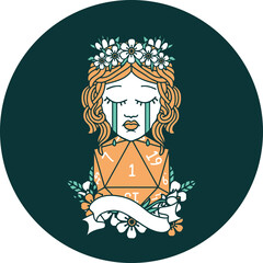 crying human druid with D20 natural one roll icon