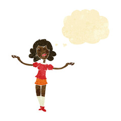 cartoon woman taking praise with thought bubble