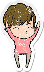 distressed sticker of a cartoon woman thinking