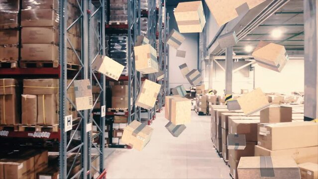 We find ourselves in a vast warehouse filled with rows upon rows of flying boxes, each one hovering effortlessly above the ground.