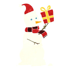 retro cartoon snowman holding present