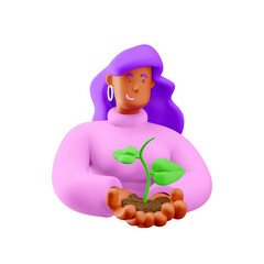 3d illustration. Cartoon girl 3d character with growing plant. Eco concept.