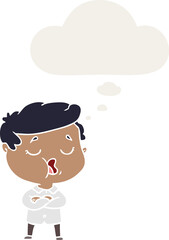 cartoon man talking and thought bubble in retro style