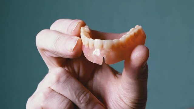 Hand Elderly Holding a Removable Upper Jaw Denture on a Blurred Background. Close up. Showing. Inverted full denture upper jaw with white false teeth. Advertising. Implant. Orthodontics. Old age. 70s.