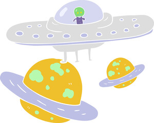 flat color illustration of a cartoon flying saucer in space