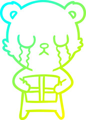 cold gradient line drawing crying cartoon bear with present
