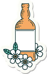 tattoo style sticker of a rum bottle and flowers