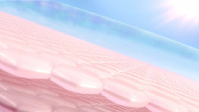 3D Animation Hexagonal geometry and UV reflections. advertisements for lotion, serum, sunscreen, and cosmetics. UV shields. Skin cell with UV protection.