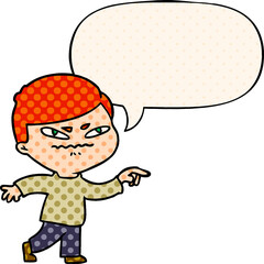 cartoon angry man pointing and speech bubble in comic book style