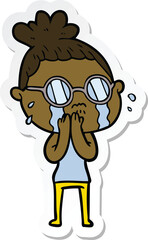 sticker of a cartoon crying woman wearing spectacles