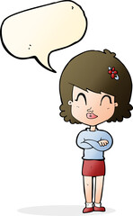 cartoon happy woman with folded arms with speech bubble
