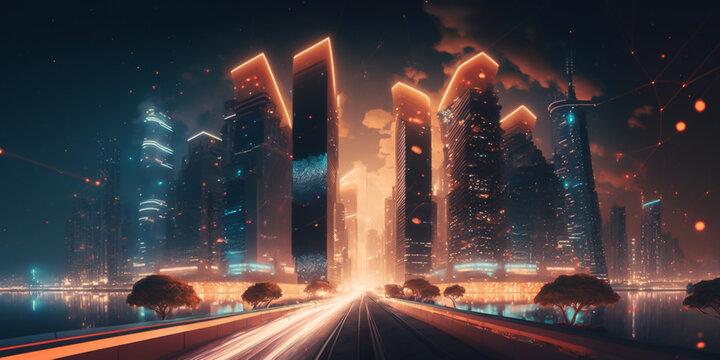 Cityscape is a stunning depiction of a bustling metropolis at night. Glowing social media icons, illuminated buildings, and bright streetlights create an amazing atmosphere of modernity. generative ai © Ruchaneek