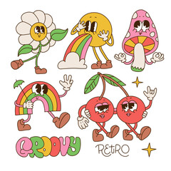 Fun groovy retro clipart characters set. 70s, 80s, 90s vintage cartoon style. Patches, pins, stickers templates. Comic mascots. Vectoc trendy nostalgic aesthetic flower, cherry, mushroom, rainbow.
