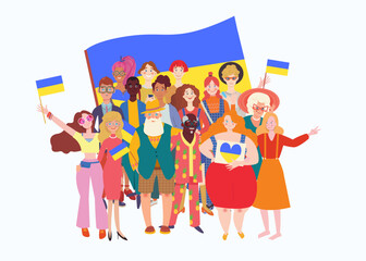 Big group of diverse people with flags of Ukraine. Disabled and different persons support Ukraine.  large family group. 