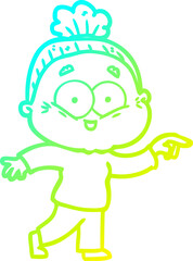 cold gradient line drawing cartoon happy old woman