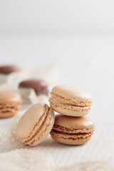 Colorful pastel eco handmade natural macaroons on white table. Gift for 8 March, International Women's Day, Valentine Day