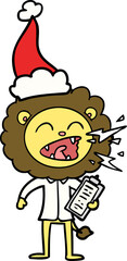 line drawing of a roaring lion doctor wearing santa hat